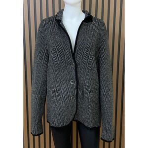 Talbots Pure Merino Wool Herringbone Cardigan Sweater Black White XL CN5206